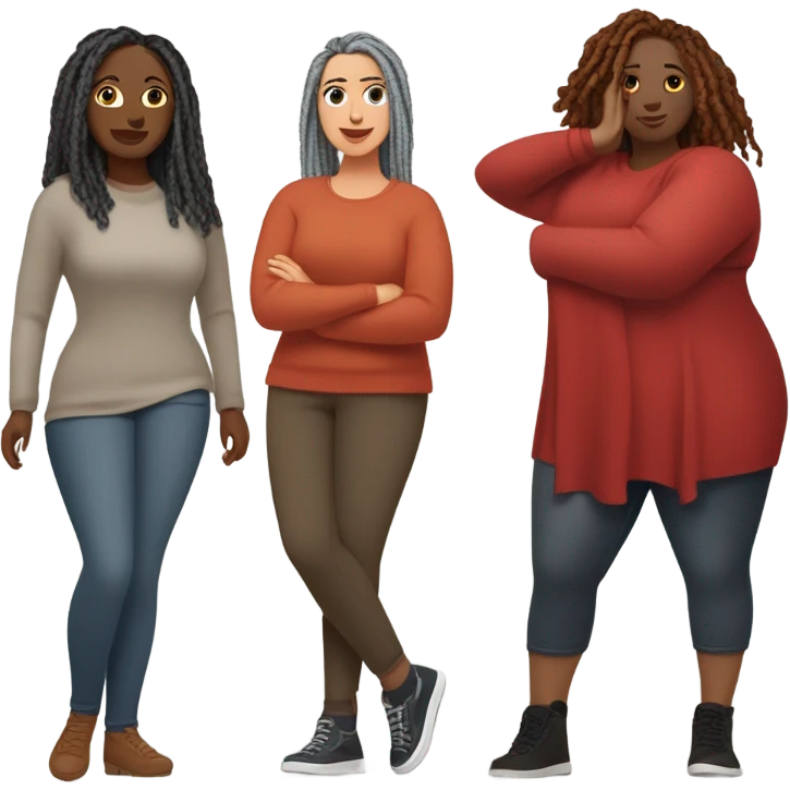 Curvy woman with gray locs wearing pants , other curvy woman is brown with red locs in a knee-length dress with a cozy sweater, shopping in yardsale emoji