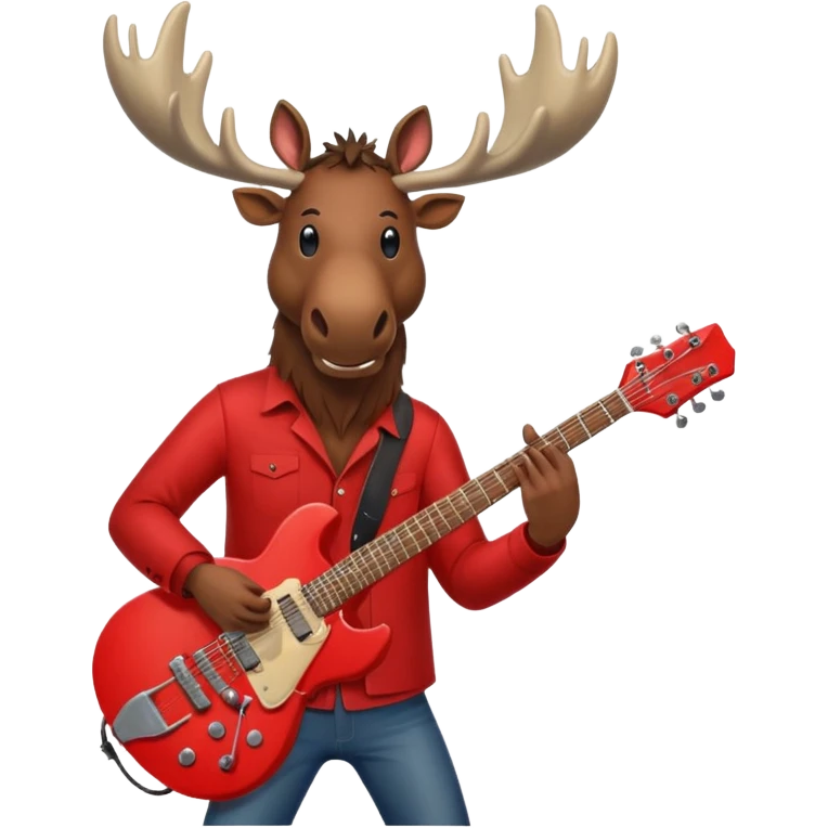 A evil moose headed man with a red electric guitar. The guitar should be pointing directly in the air. And the moose man should look evil and intimidating. emoji
