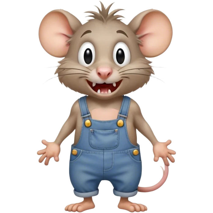 disheveled dizzy cartoon hillbilly rat wearing overalls no shirt. standing and talking full body. human eyes. teeth showing talking. walking talking moving arms. reacting upset emoji