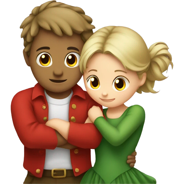 Green-dressed boy hugging red-dressed girl - so romantic  emoji