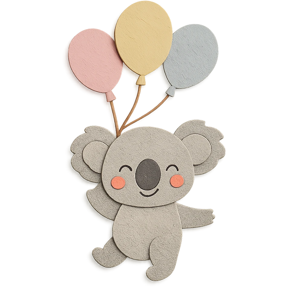 happy koala floating with pastel balloons in paper-craft style emoji