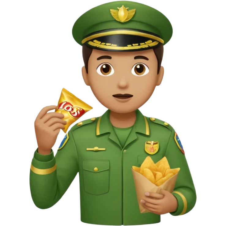 supermarket collegue wearing a green uniform and eating a packet of crisps emoji