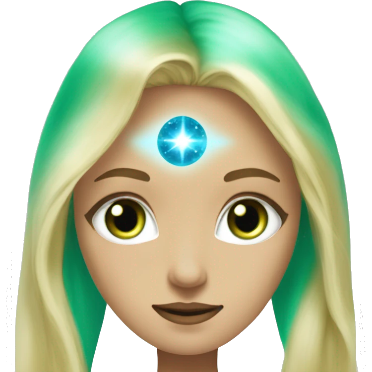 nordic pleiadian in green clothing with thin face long blonde hair and blue eyes third eye glowing emoji