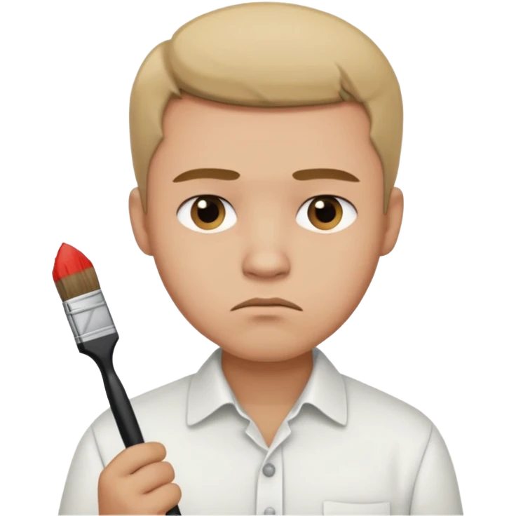 a man in a white buttoned holding a brush with a sad expression emoji