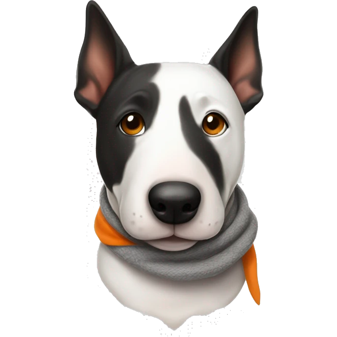 Bullterrier blanca de orejas largas con ojos negros usando una bufanda naranja. emoji