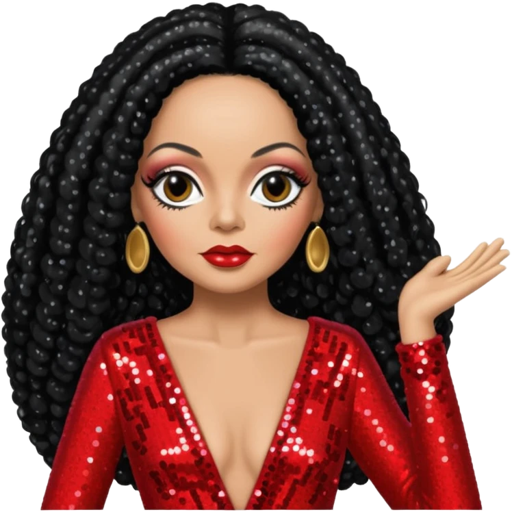 Diana Ross with long jet black hair, red sequin outfit  emoji