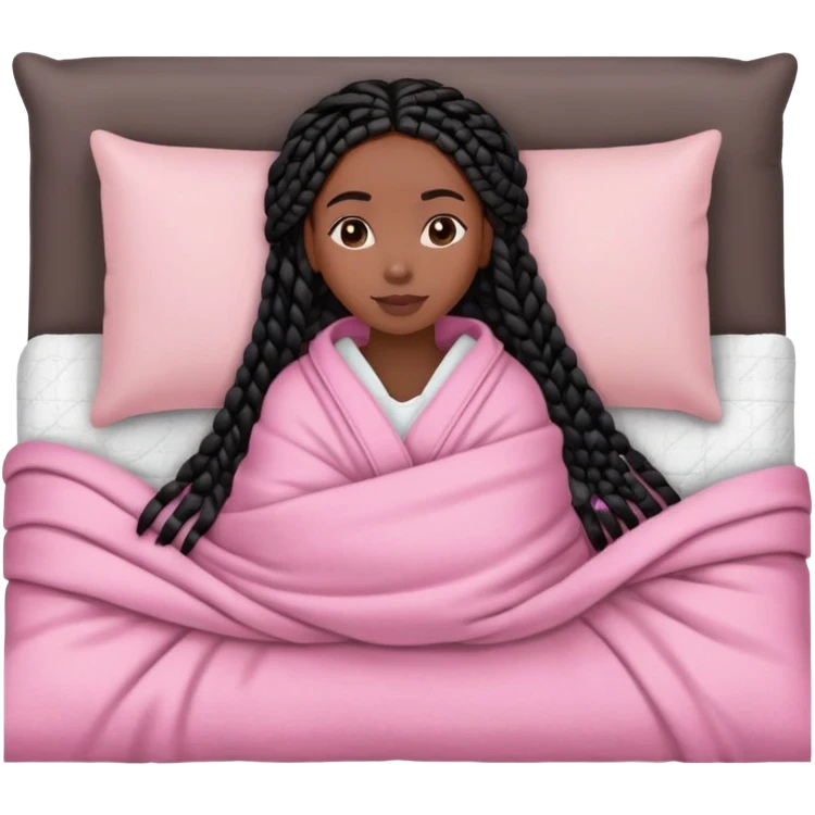 A dark-skinned Black woman with black box braids, lying on her side in bed, wrapped in a blanket, resting on a pink pillow emoji