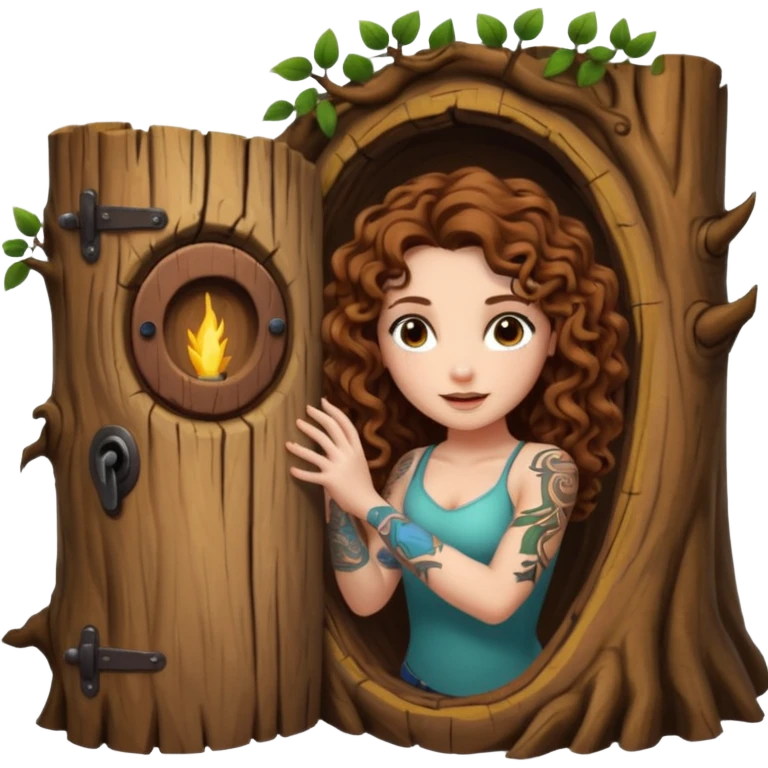 woman with long curly brown hair, brown eyes, white skin, tattoos, opening a tree trunk like a secret door portal emoji