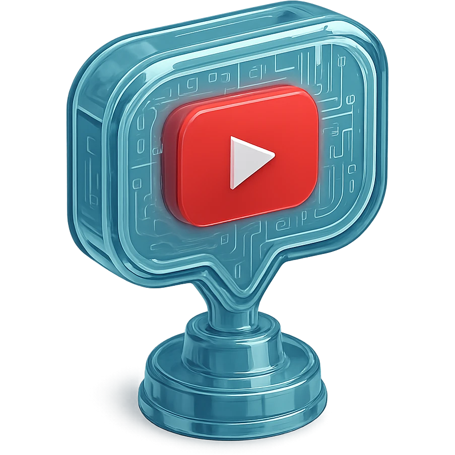 speech bubble with a red YouTube play button, like a trophy, glossy circuit style emoji