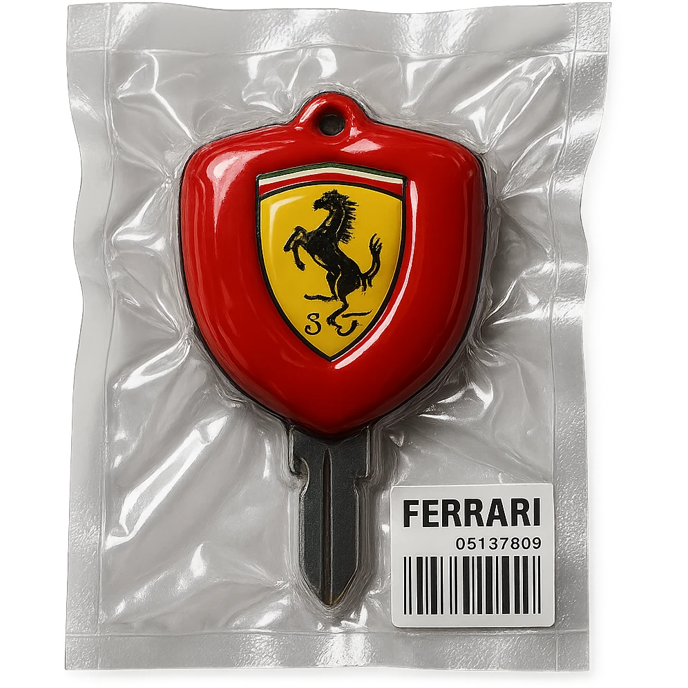 classic Ferrari car key, red with black accents, Ferrari logo, glossy and puffy emoji