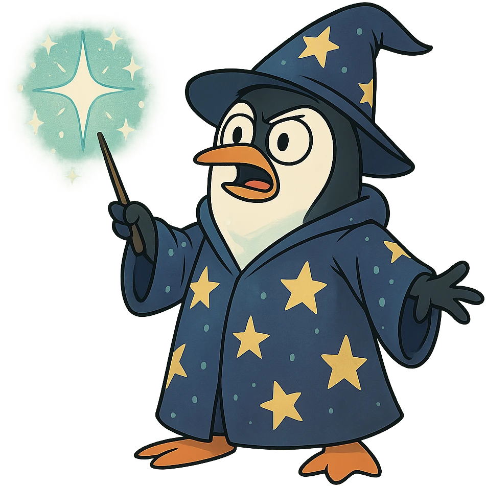 a penguin wizard casting a sparkling spell, starry robe, magical aura, cartoon style emoji