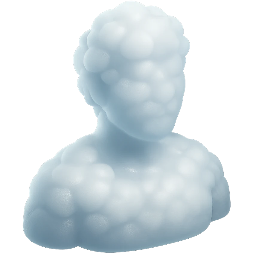 person made entirely of pure white puffy clouds, shoulders up, front view, matte glass style emoji