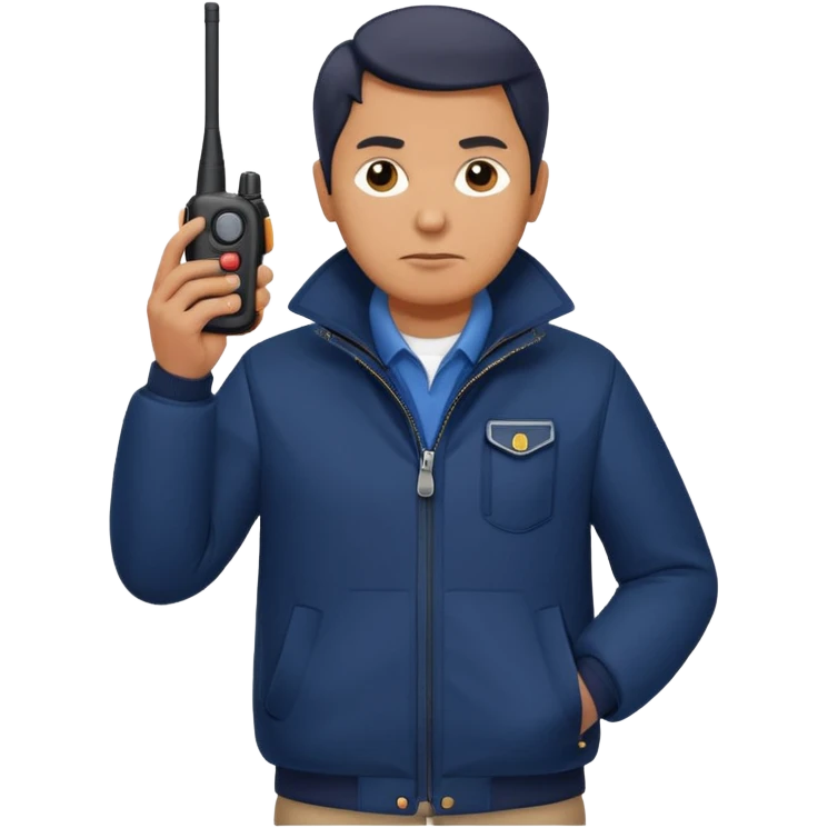 Security, Middle-aged, wearing navy blue jacket, serious facial expression, holding holding walkie-talkie, full body emoji