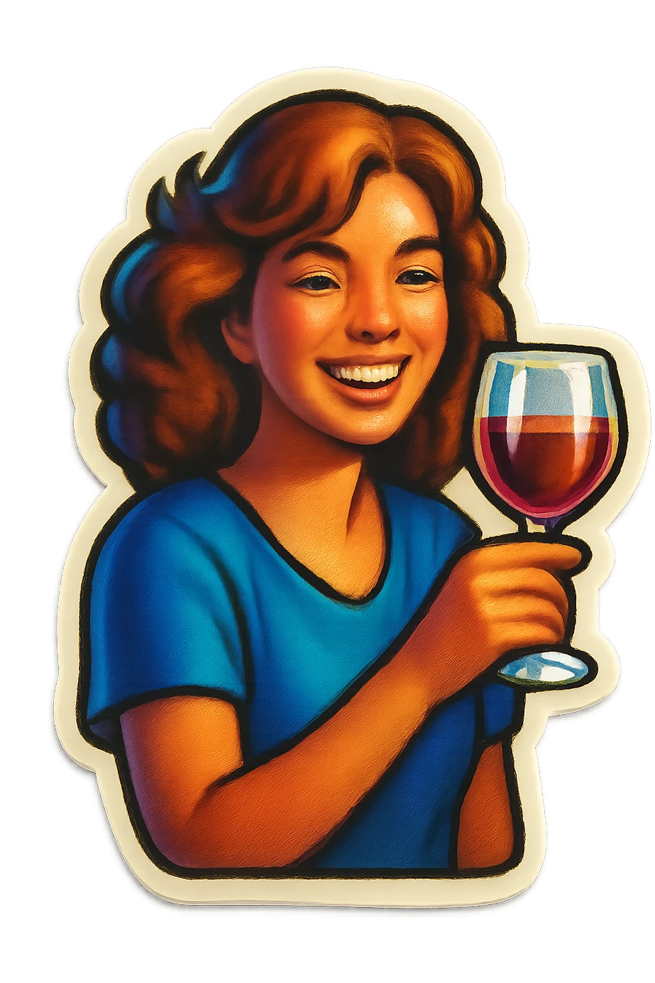 A sticker of a female friend with a glass of wine emoji