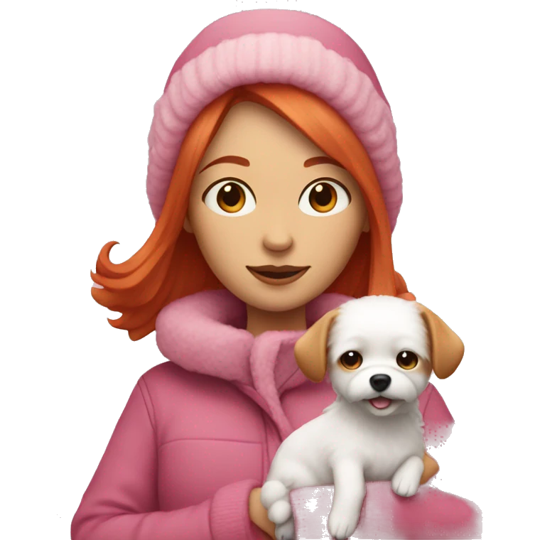 Woman with red hair wearing pink winter clothes holding a small white fluffy dog emoji