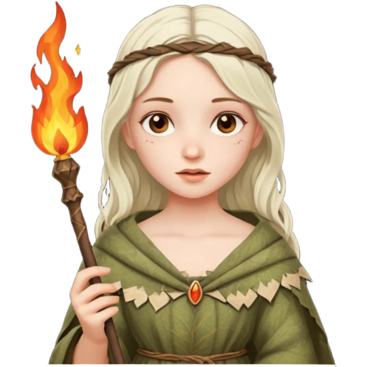 ancient european girl, tattered leaf cloth, hold fire stick emoji