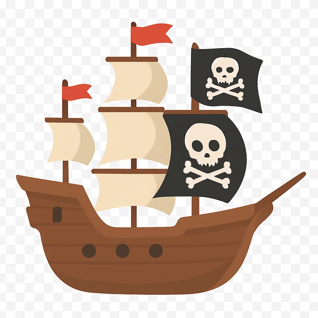 pirate ship with skull and crossbones flag, wooden sailing vessel with multiple sails emoji
