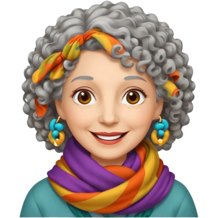 emoji of a lady in her 70s, curly gray hair, wearing a colorful scarf, smiling emoji