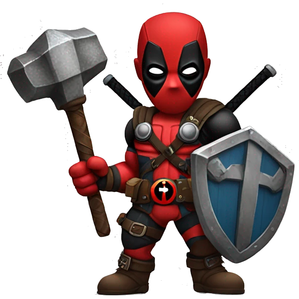 Deadpool holding Viking shield and thors hammer emoji