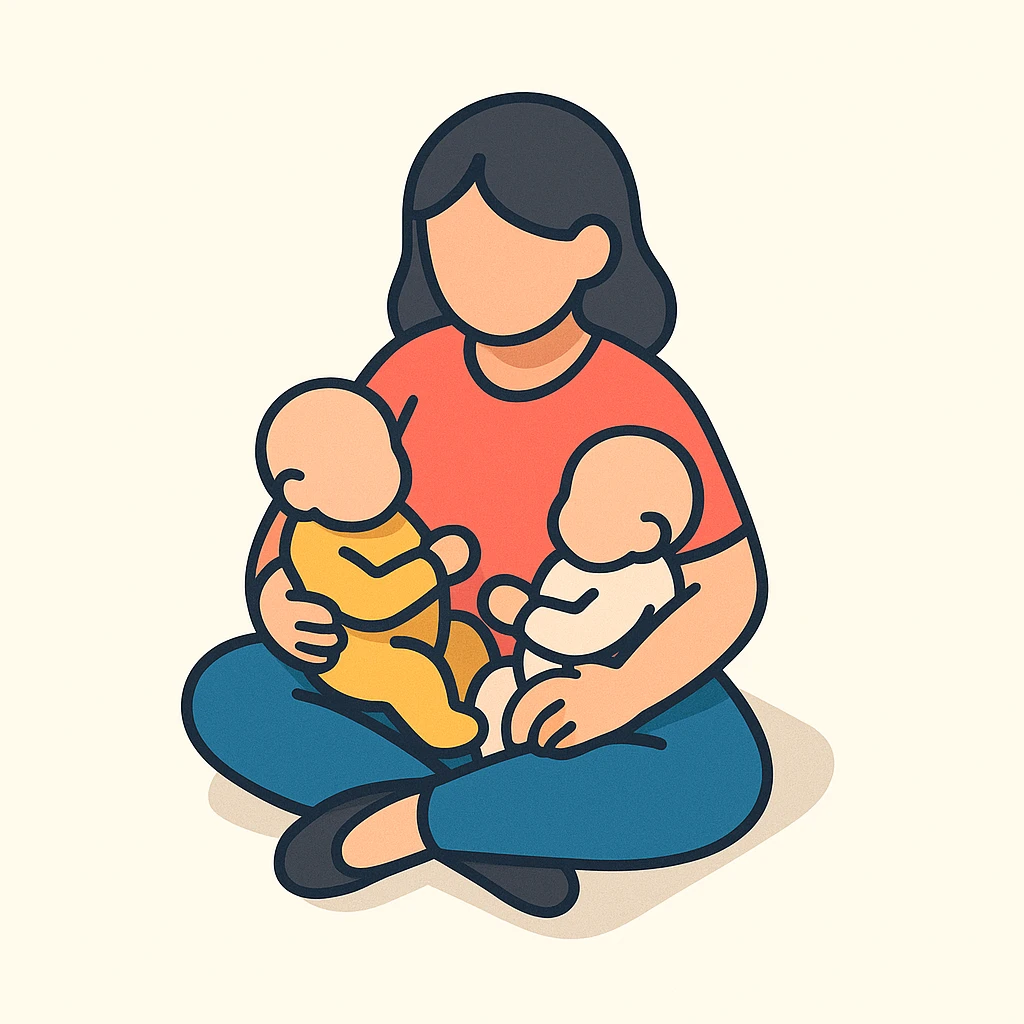 a mother sitting cross-legged with two babies on her lap, gentle and caring, 2D isometric illustration style emoji