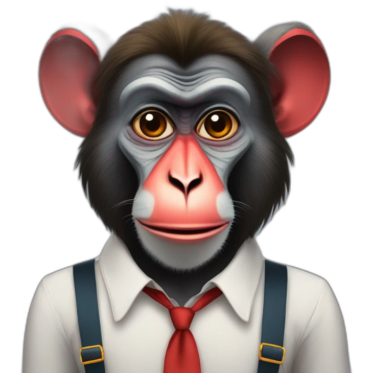 Funny Mandrill with a human look wears a shirt and Suspenders in the shirt papillon like a clown emoji
