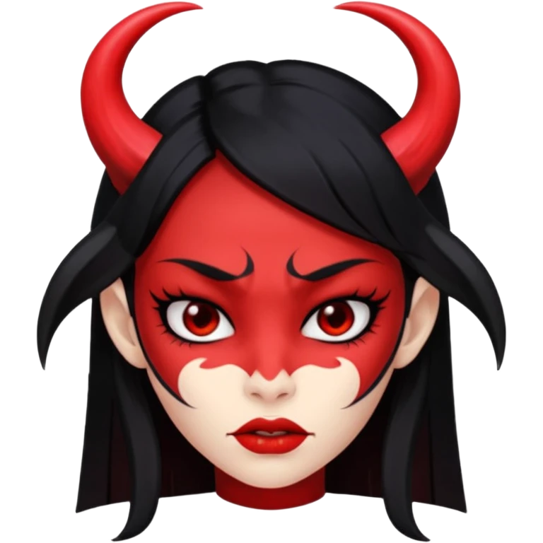 Head only demon girl; face with pronounced cheekbones and angular jaw; skin is uniform pure red (#FF0000) everywhere; long straight smooth black hair; small horns emoji