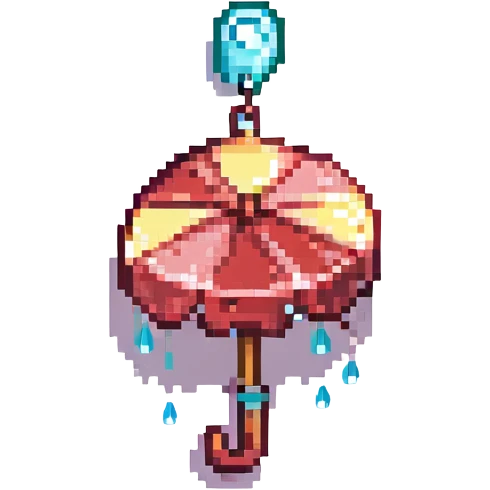 Add accessories including a bow, charm, and raindrop keychain to the burgundy umbrella with raindrops. Keep the pixel art style and no background. emoji