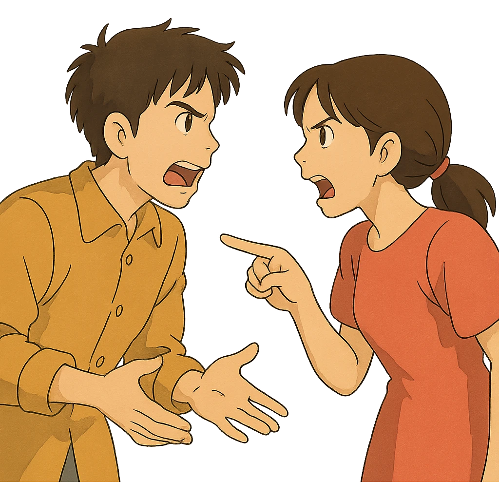 ghibli style illustration of a man and woman in a heated discussion emoji