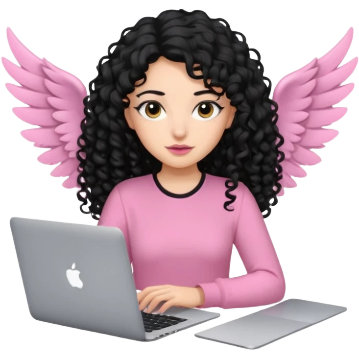 a girl typing mac book air with long black curly hair and brown eyes with winged black eyeliner, pink shirt emoji