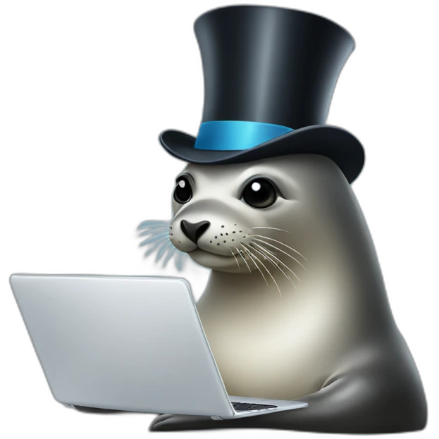 Seal wearing top hat using laptop emoji
