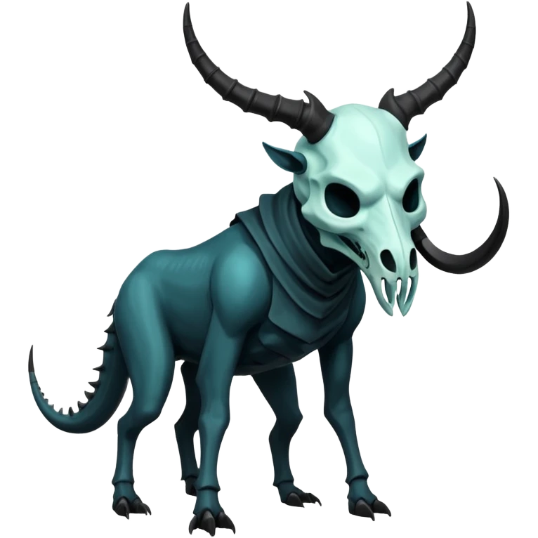 Shiny Dark Edgy  Inteleon-Amaura-Fakémon-hybrid-creature (full body) with a horned animal-skull-mask-face emoji