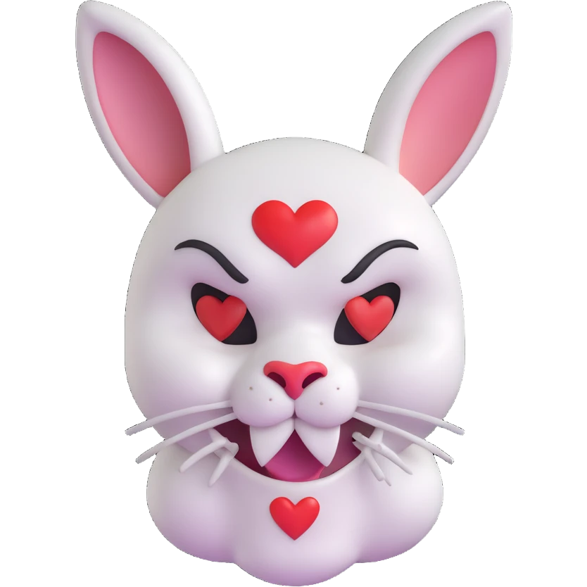 an evil white rabbit with a skull mask on his head, left eye has an x-shaped plaster, right ear is slightly smaller with a small corner cut, big rounded heart-shaped nose, happy expression emoji
