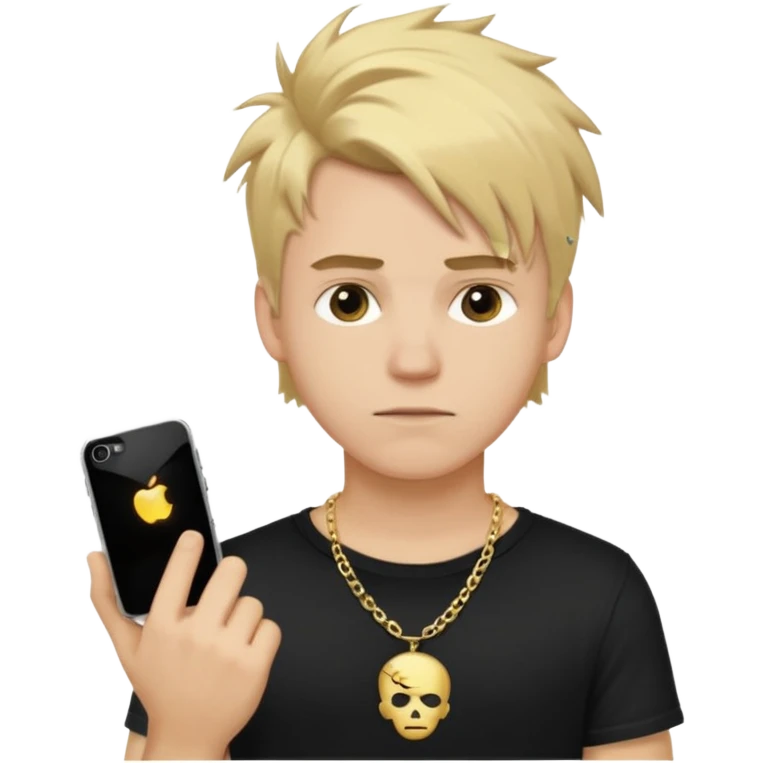 make a iphone emoji who is a white man that looks young with messy blonde medium hair with a black punk shirt and a golden neckless emoji