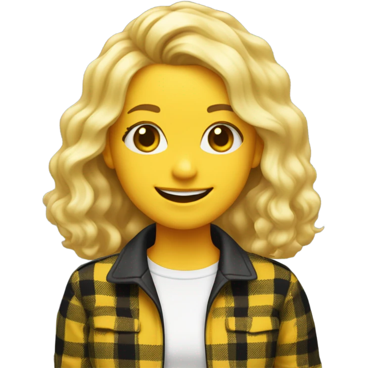 Teen girl with blonde hair pass shoulders a very 90s sense of fashion with a big smile, ditzy, and wearing yellow and black plaid emoji
