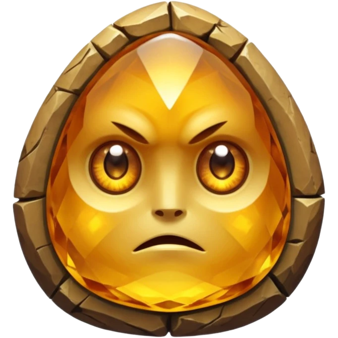 Single gemstone rock character, warm golden citrine, squat and heavy like a rock, with carved facets with eyes emoji