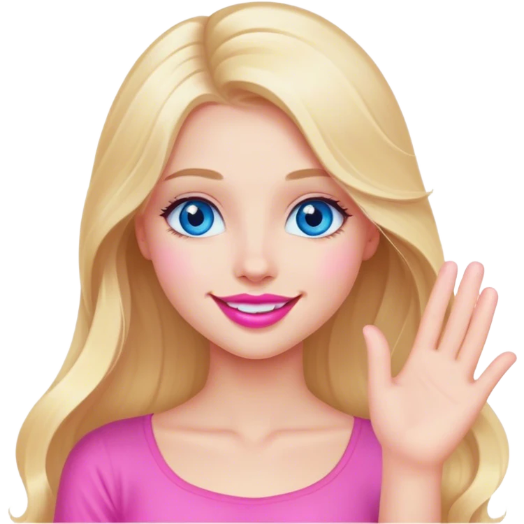 A beautiful blonde girl with long hair, blue eyes, pink lips and a sweet smile  arm hello emoji