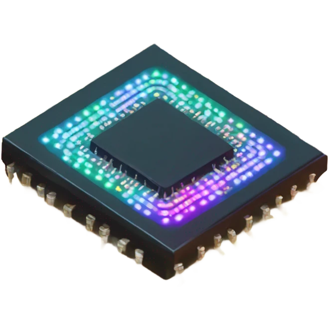 microchip with glowing rainbow lights, simple, isometric emoji