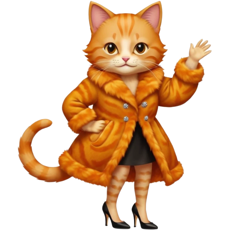 a dancing ginger cat in fur coat and high heels emoji