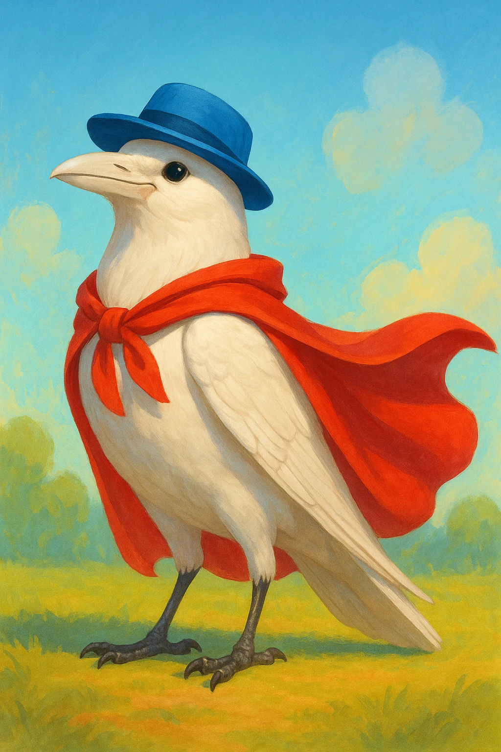 a white crow with a blue hat and a red cape emoji