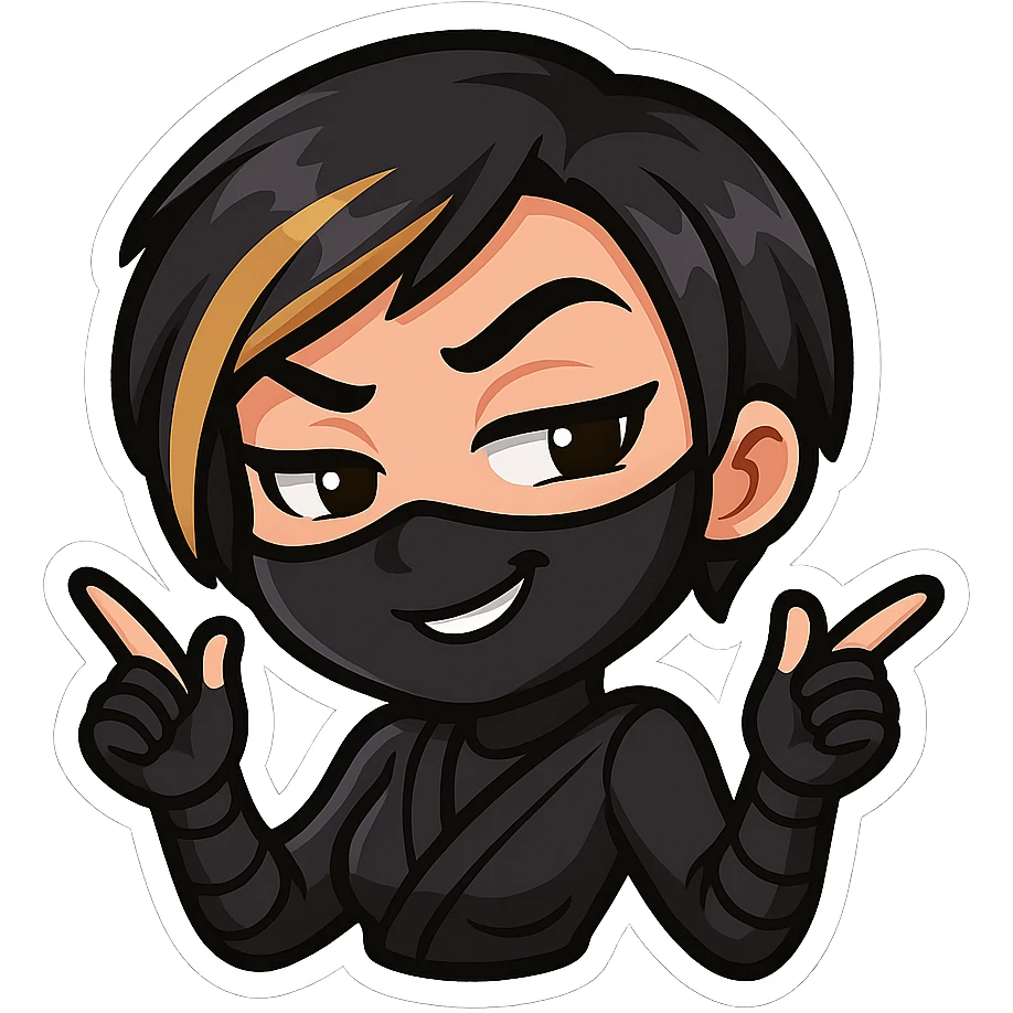 Sexy chibi ninja girl with black short hair and a blonde streak, only head and arms, colorful chibi style with bold outlines, transparent background, no mask, smug expression with a sly grin and one eyebrow raised, sized for Twitch emoji use. emoji