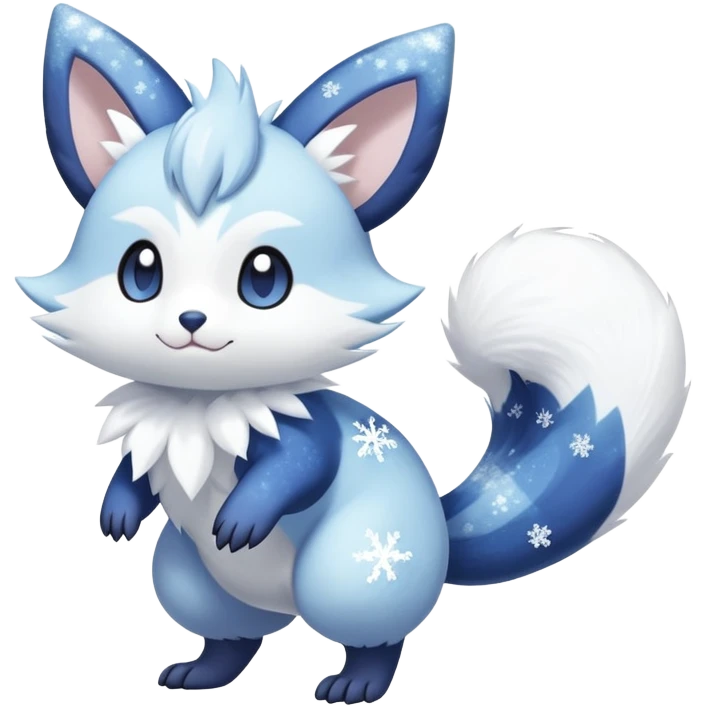 Shiny White Pastel Snowy Icy Sparkly Cute Furret-Meowstic-Zangoose-Hybrid (Full body) with snow and snowflakes and glitters effects aesthetic emoji
