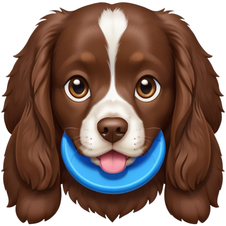 Chocolate brown cocker spaniel with blue frisbee in mouth emoji