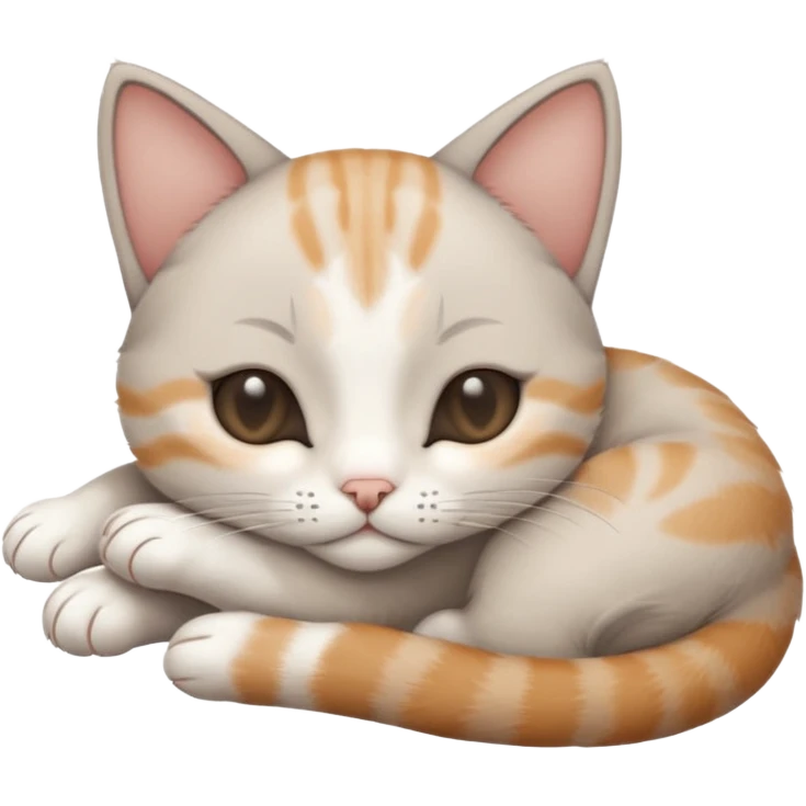 grey and white small cat with eyes closed lying down upside down with its head resting own paw emoji