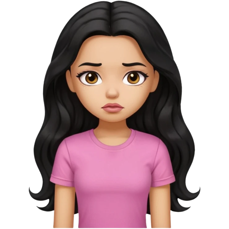a pretty bratz girl with long wavy black hair, wearing a pink tshirt. looking sad emoji