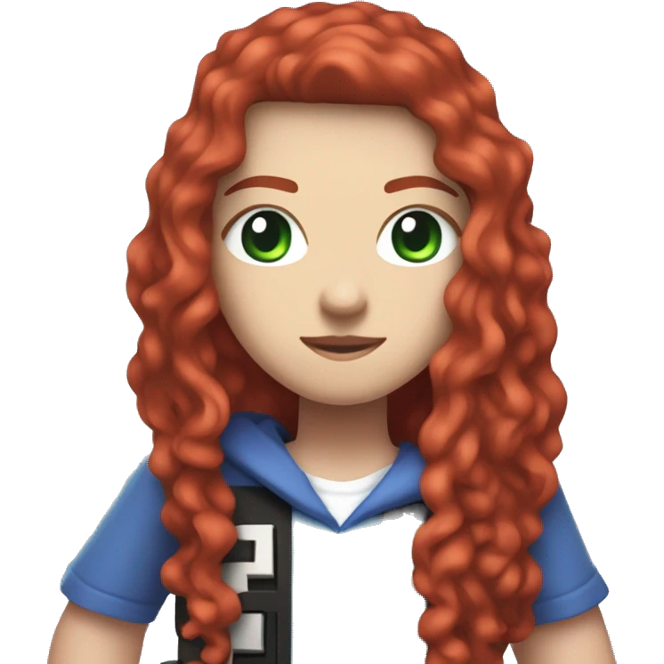 a white girl with long red curly hair, wearing periwinkle Minecraft hoodie holding a controller emoji