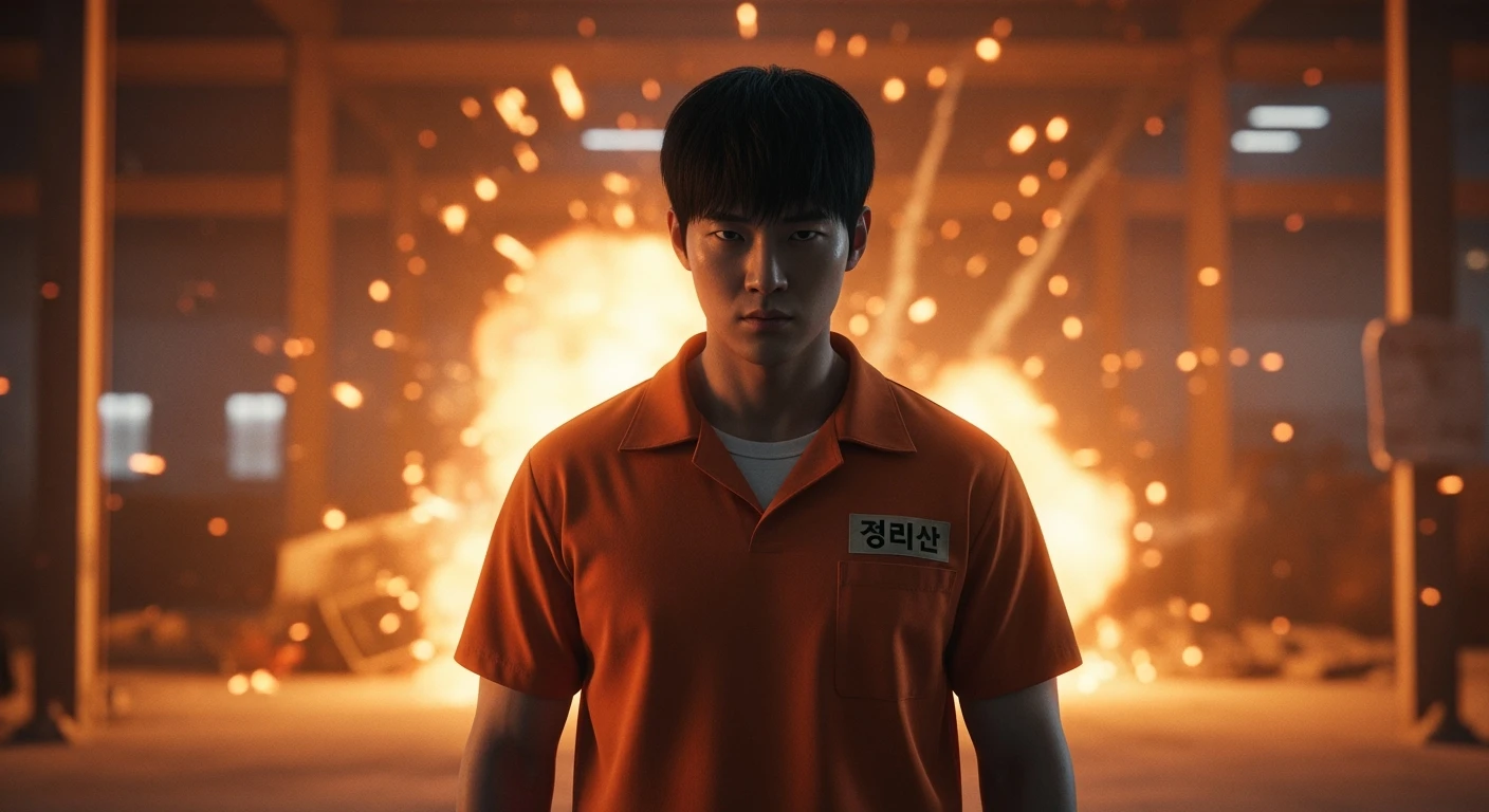 Cinematic still from "squid game" character movie, explosion in background emoji