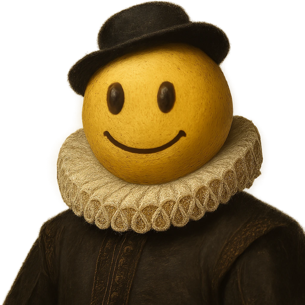 a smiley face as a medieval English gentleman, with a ruffled collar, small hat, and dignified expression, detailed, elegant emoji
