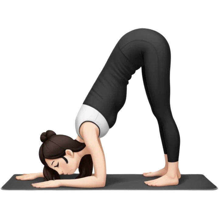 Девушка белокожая в позе собака мордой вниз, с длинными темными волосами, в коротком белом топе, в черных лосинах, с черными ресницами emoji