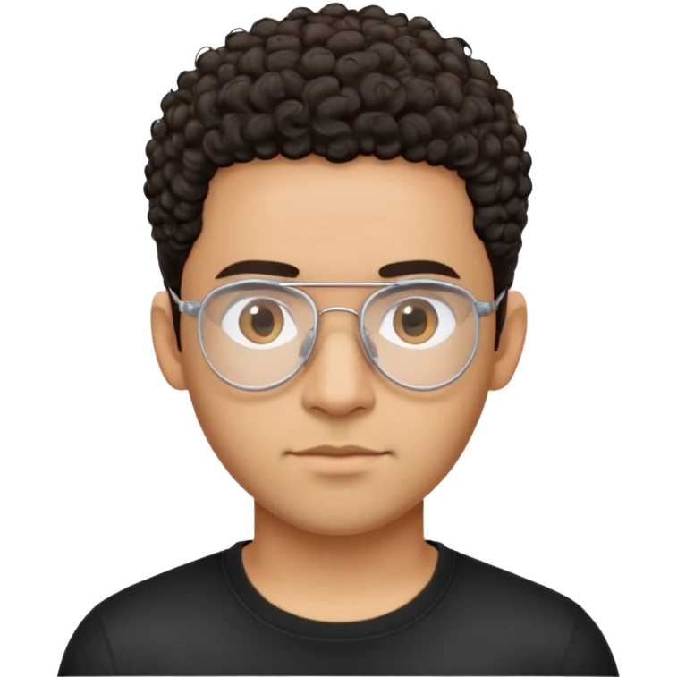 Light brown skinned Latino man with oval face, transparent aviator eyeglasses with thin metal frames, completely bald sides with extremely short dark curly hair only on crown, friendly neutral expression, casual black t-shirt emoji