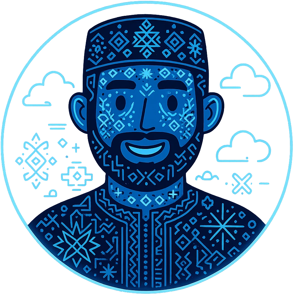 Add more prominent Algerian traditional patterns and motifs in a tech-inspired, minimalist style. Keep the avatar friendly and inside the glowing circular frame. Maintain a transparent background. The style should be tech-inspired minimalist with clear Algerian traditional patterns. emoji